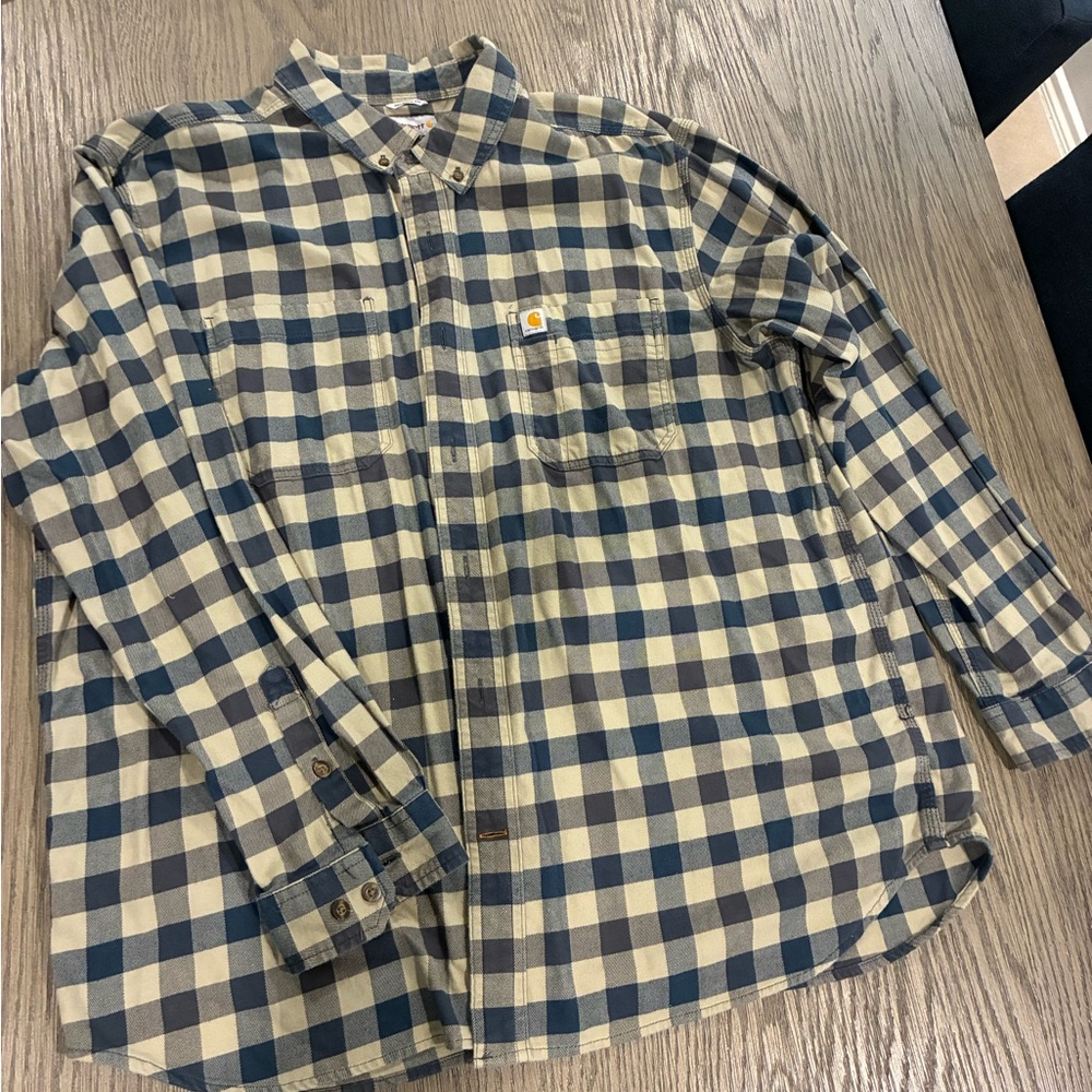 Carhartt Men's Blue and Tan Plaid Button-Down Shirt